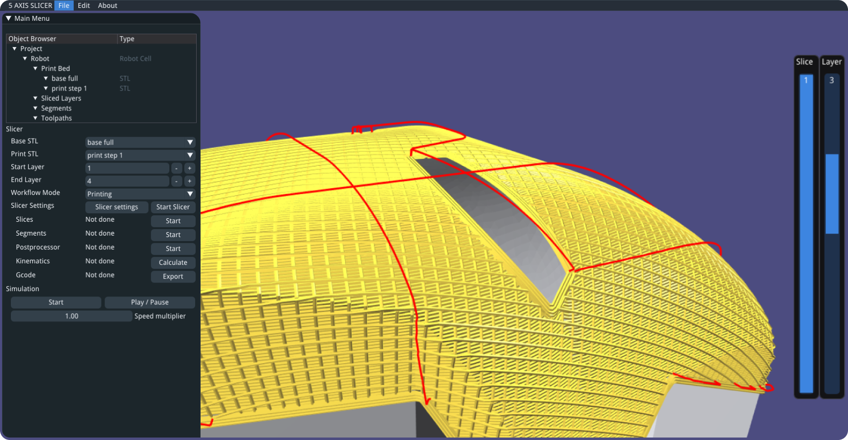 5 Axis Slicer software interface showing multi-axis toolpath generation